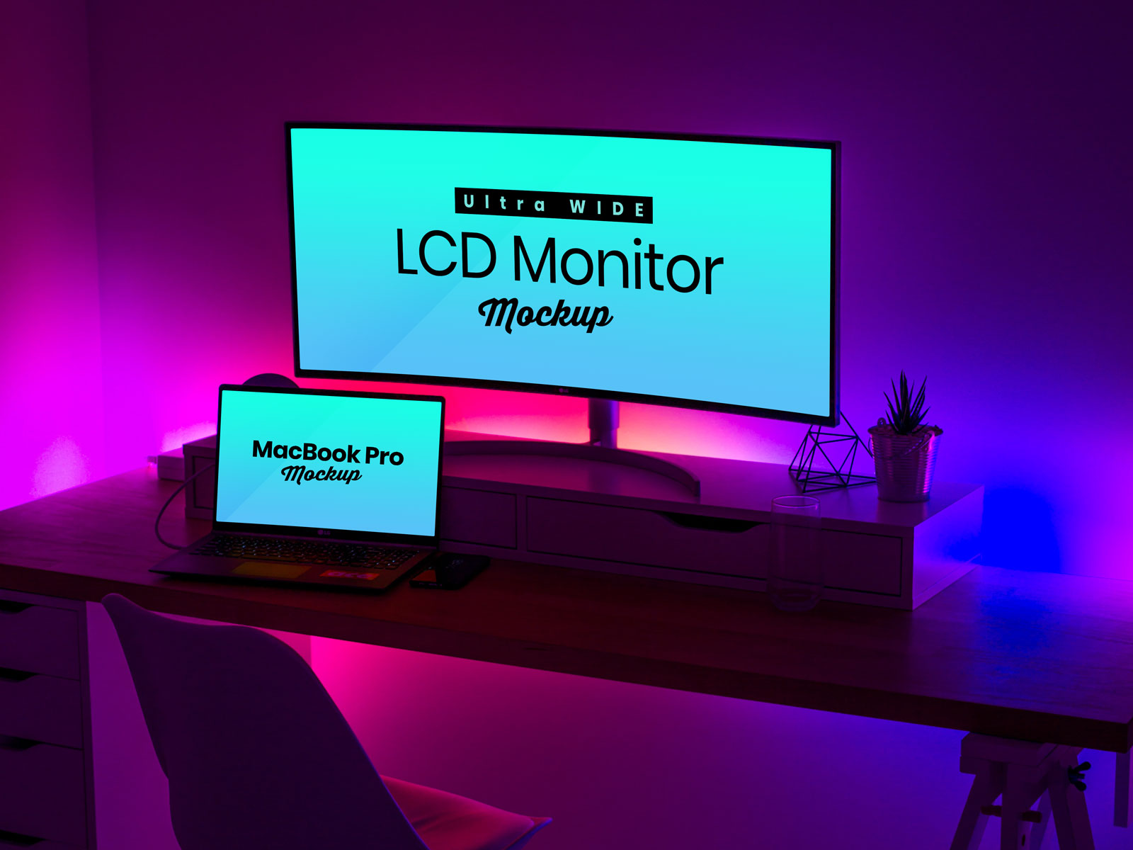 Free Ultra Wide Screen LCD Monitor & MacBook Pro Mockup