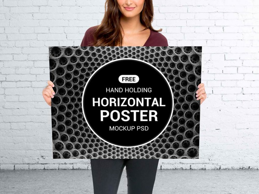 Download Free Horizontal Poster Mockup Holding by Women - FreeMockup