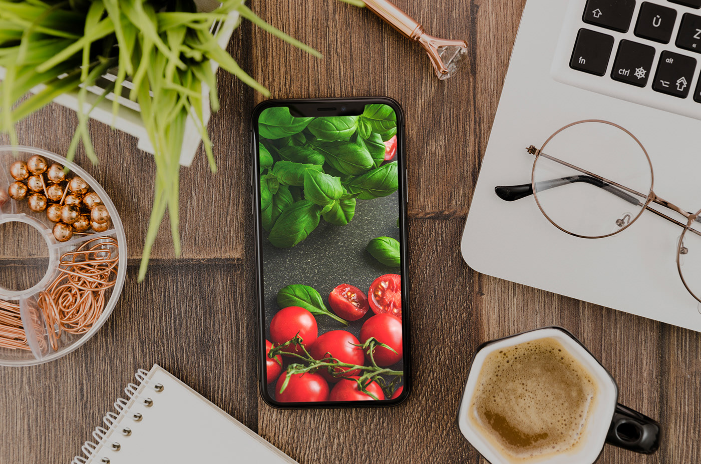 Top View iPhone on Table Free Mockup