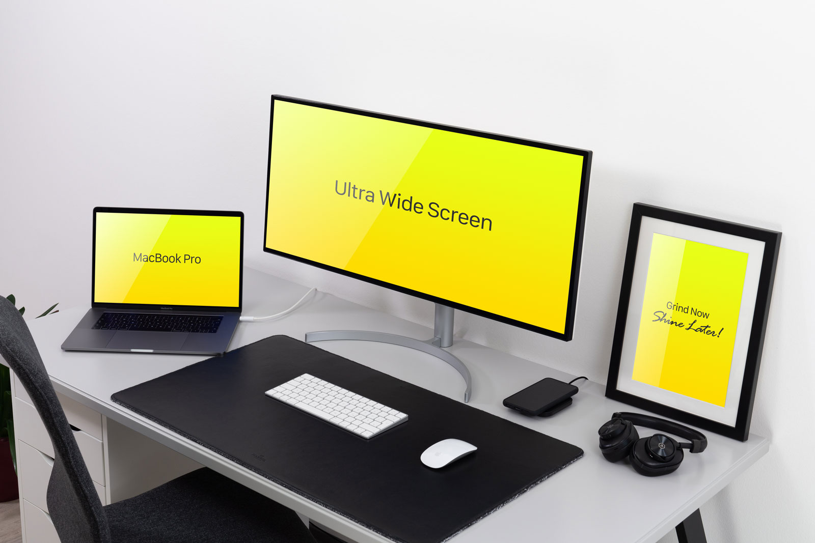 Free Ultra Wide Screen Monitor, MacBook Pro & Frame Mockup
