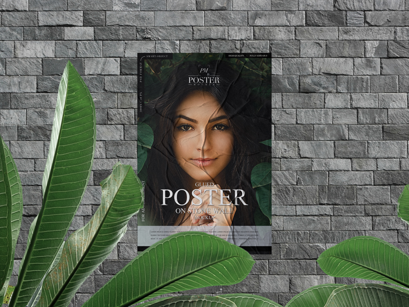 Glued Poster on Stone Wall - Free PSD Mockup