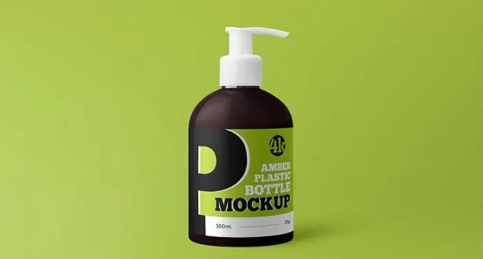 Amber Plastic Bottle with Pump Free Mockup