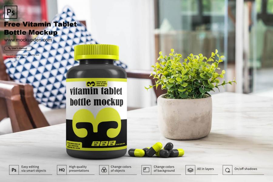 Vitamin Tablet Bottle Free (PSD) Mockup Template