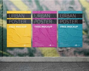 3 Urban Posters in Wall Free Mockups