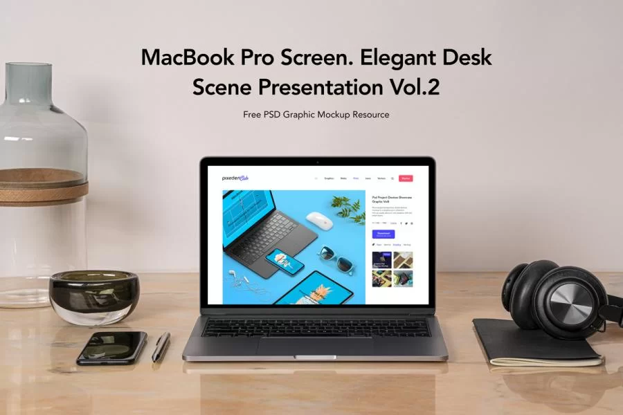 MacBook Pro On Desk Scene Free (PSD) Mockup