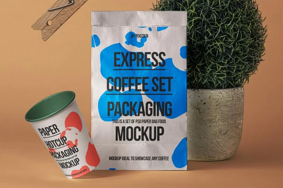 Free Paper Bag with Cup Mockup
