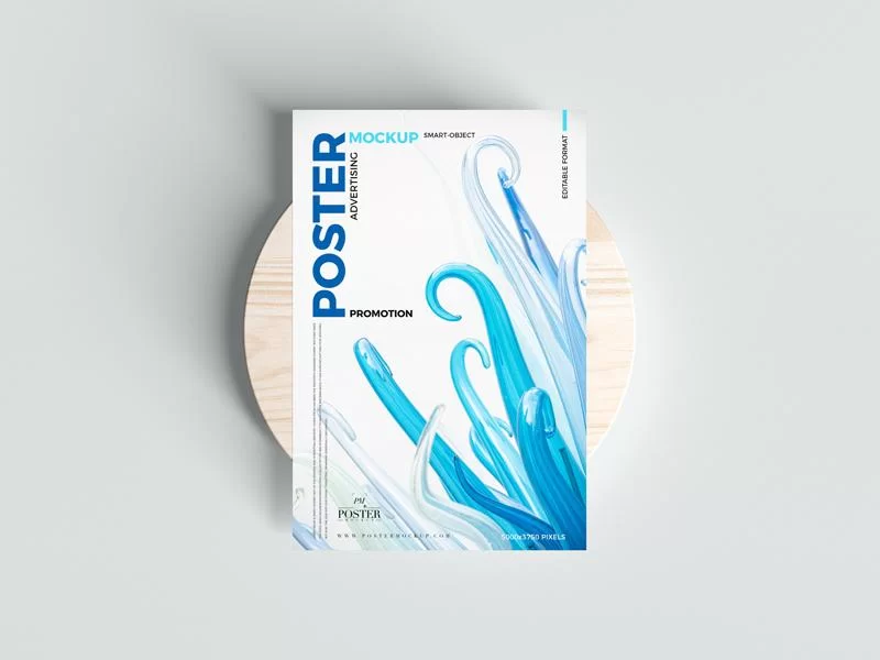 Poster Placing on Round Wooden Block Free Mockup