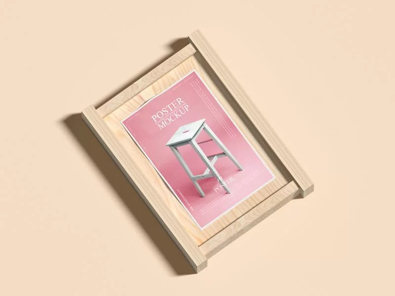 Free Poster inside Wooden Frame Mockup