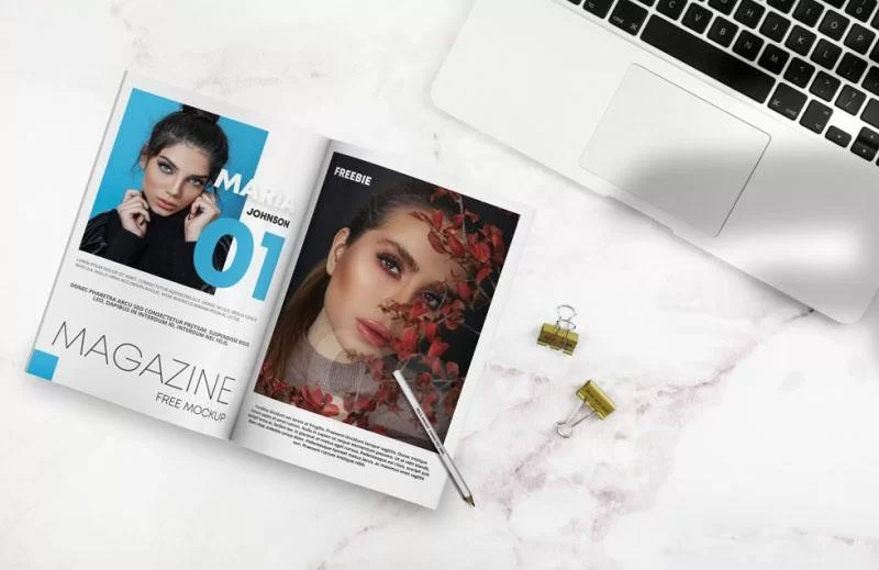 Open Magazine on Desk Free Mockup (PSD)