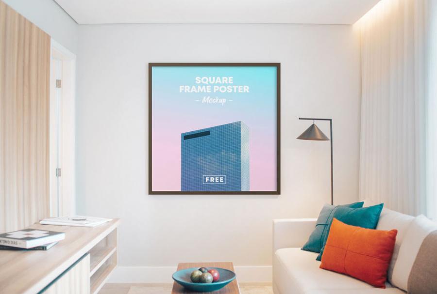 Square Poster Frame on Room Free Mockup (PSD)