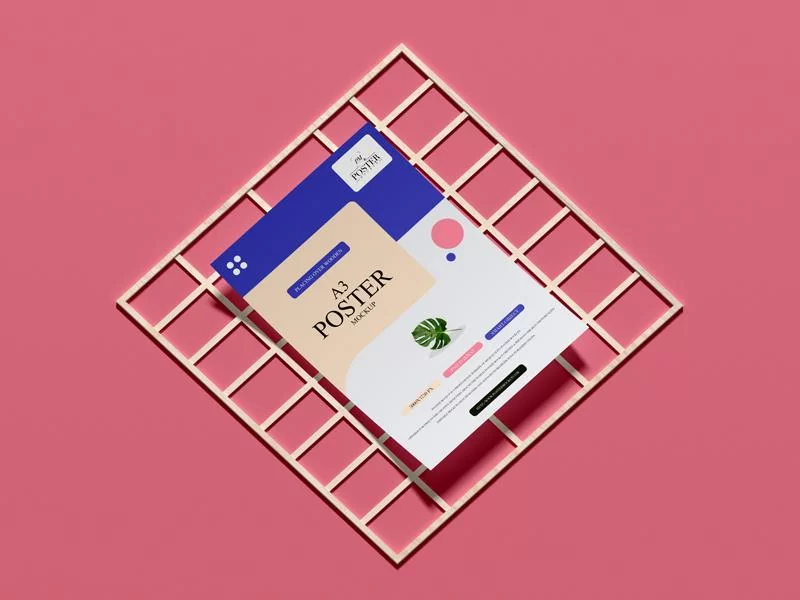 Free A3 Poster Placing Over Wooden Frame Mockup