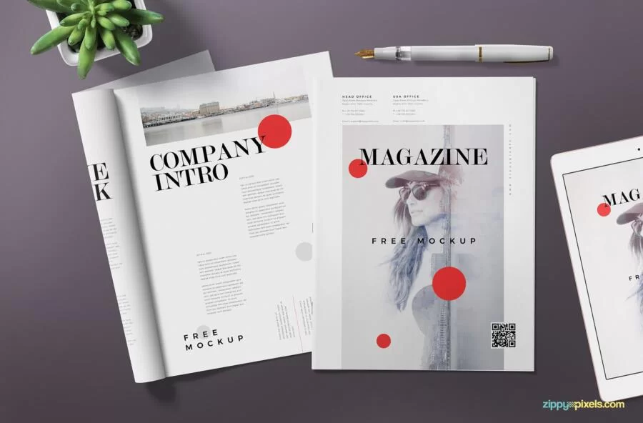 Free Magazine & ink pen Mockup