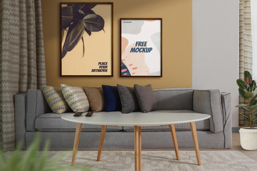 Poster Frames in a Living Room Free Mockup