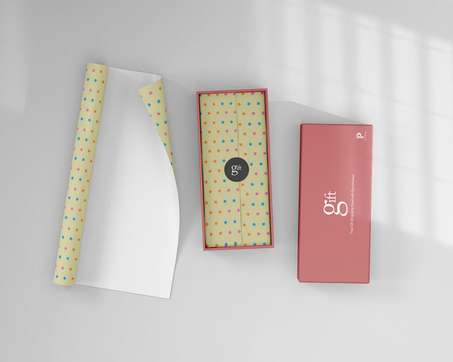 Free Gift Wrapping Sheet with Box Mockup