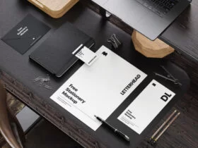 Stationery On Wooden Desk Free Mockup