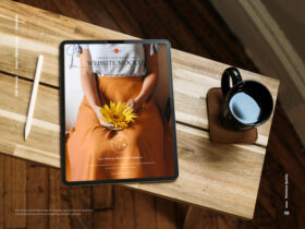 Free Tablet Placing on Wooden Table Website Mockup
